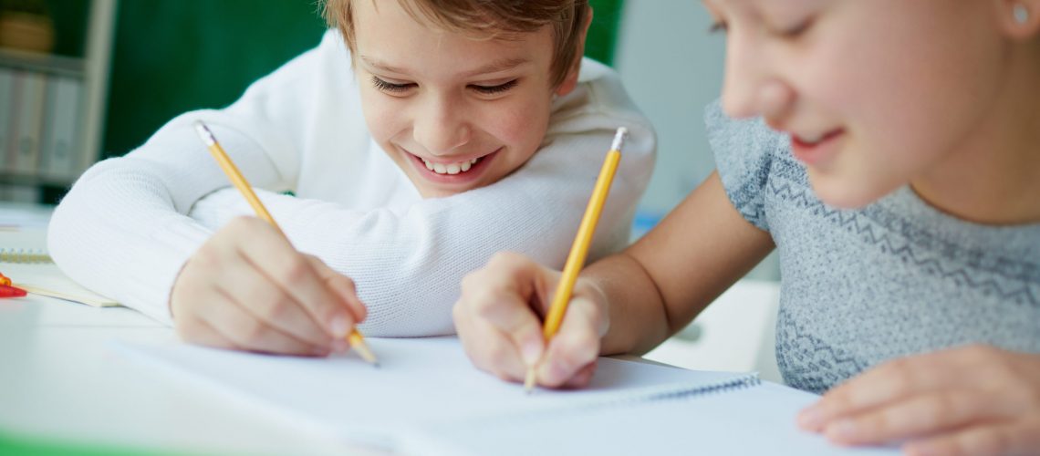 Portrait of cute schoolboy drawing at lesson with his classmate near by